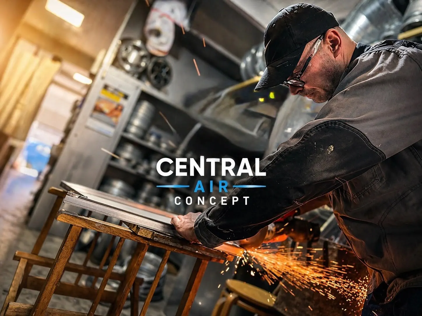 Fabrication d'un élément de ventilation à l'atelier Central Air Concept, meulage et gerbe d'étincelles