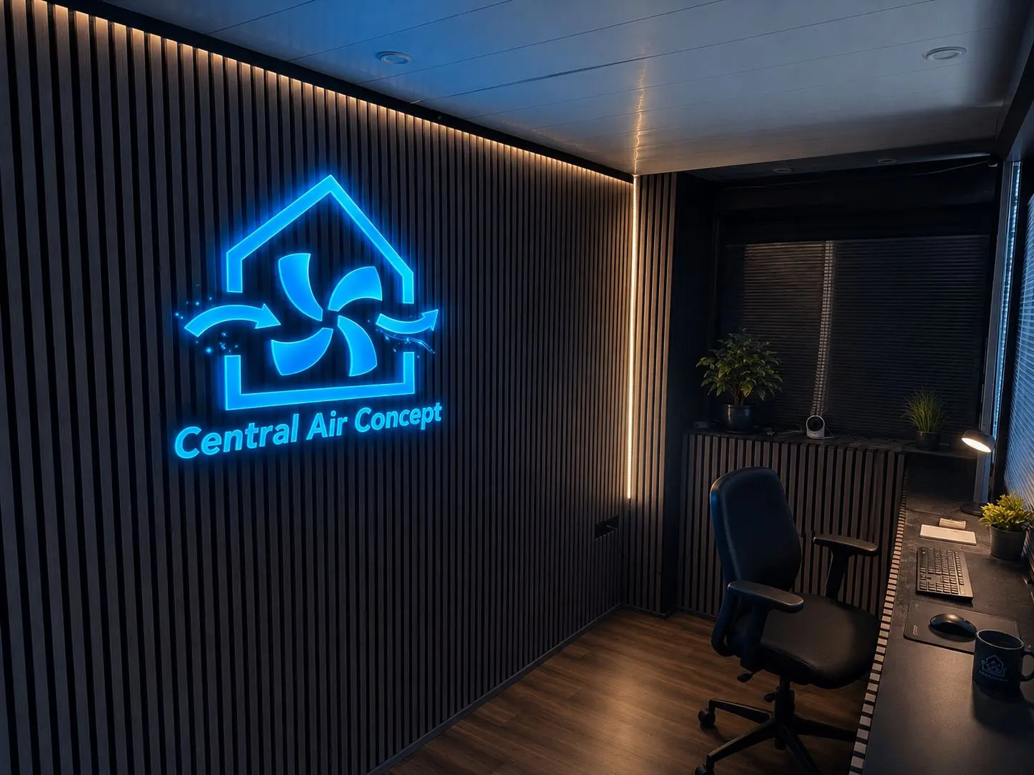 Bureau showroom Central Air Concept avec l'enseigne lumineuse sur mur en tasseaux